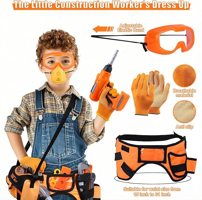 Magic4U 52PCS Toddler Tool Set with Electric Drill Toy & Kids Tape Measure, Pretend Play Construction Toys Costume with Kids Tool Belt, Toy Tool Bag for Boy Girls Age 3-8