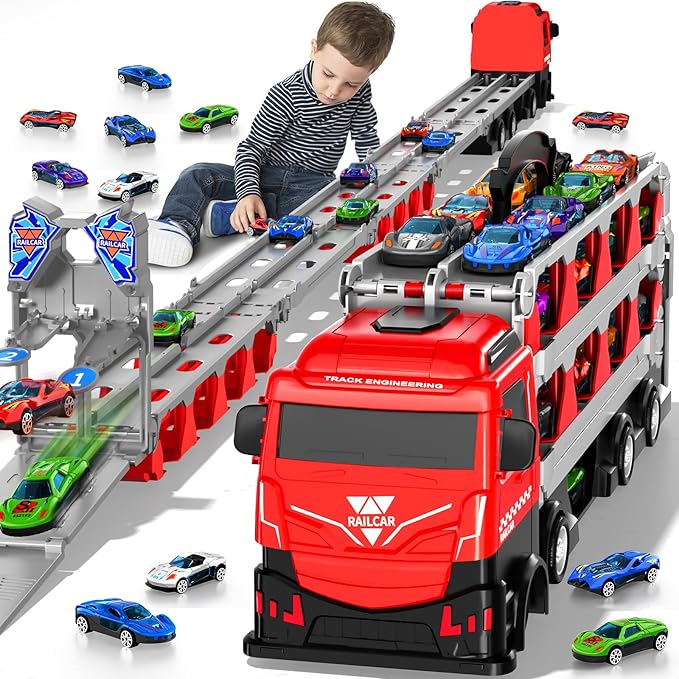 Racing Car Railway Truck Toy for Boys 2 3 4 5 6 7 Years Old - 78.7-inch Transport Carrier Trucks, Foldable Tracks Storage, die-cast Car, for Toddlers and Kids Aged 3-5