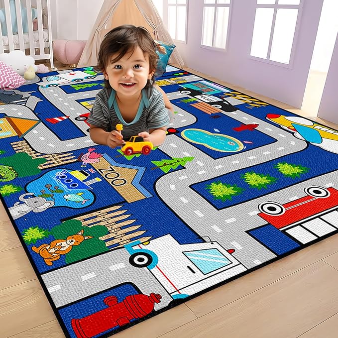 Kids Carpet Playmat Rug - Kids Car Rug Play Mat, City Life Map Car Mat for Kids Toy Cars Educational Play Traffic Road Carpet for Bedroom (Sky Blue, 3x5 Feet)