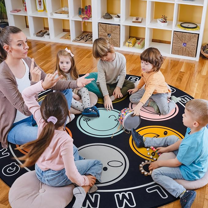 ABC Alphabet Rug for Kids, Classroom Playmat 6ft Non-Slip Circle Rugs for playroom, Round Area Rug for Elementary Classroom, Play Carpet for Boys Girls Bedrooms Playroom,Nursery Rugs