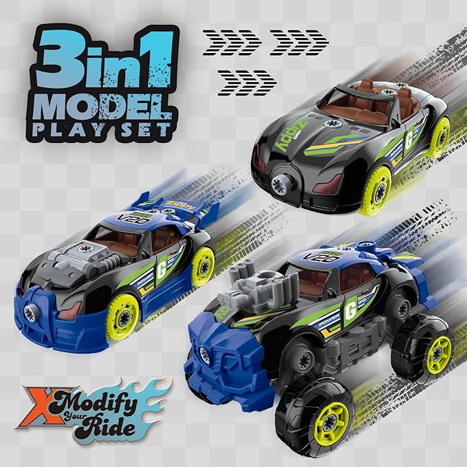 Pup Go 3-in-1 Take Apart Car for Boys with Electric Drill, 43Pcs Construction Toy Truck, Build Your Own Car with Play Tools, Ideal STEM Present for Kids Children Ages 3 4 5 6 7 Year Black