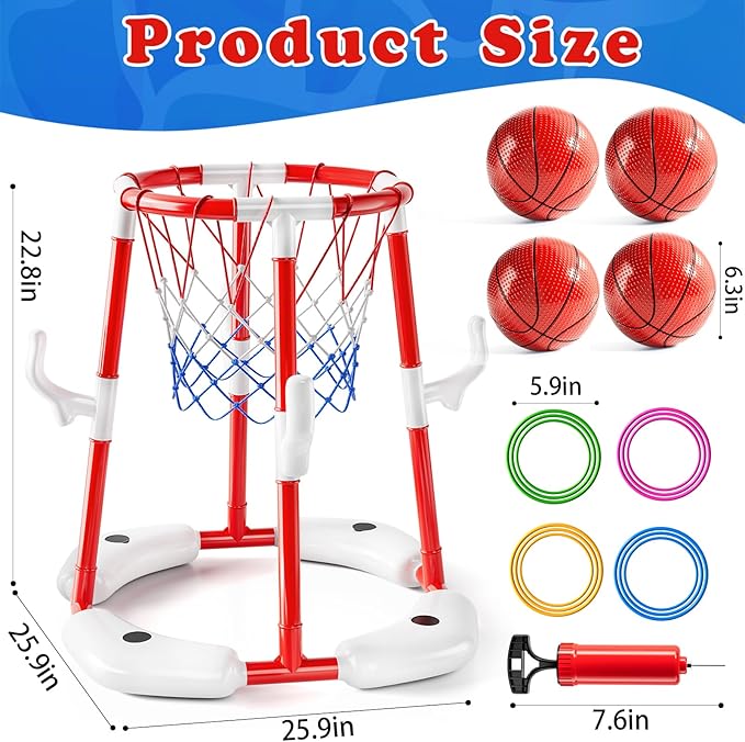 Pool Basketball Hoop Toys,2-in-1 Floating Basketball Pool Games with 4 Balls/12 Rings/Pump,Swimmming Pool Games for Kids Ages 4-8 8-12 Adult, Outdoor Water Play Toys for Summer Family Party(Red)