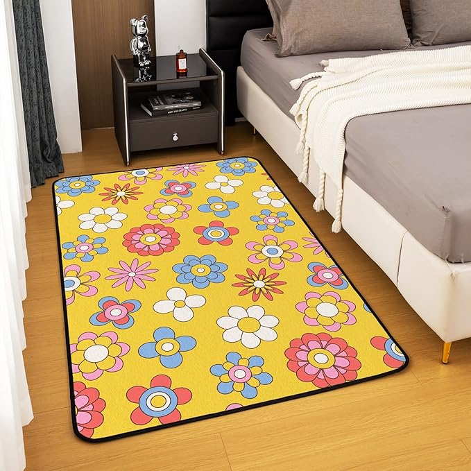 Erosebridal Cute Retro Groovy Flowers Area Rug 5x7 Kawaii Colorful Floral Rug for Kids Girls Bedroom,Cartoon 70S 80S Carpet Hippie Aesthetic Non Slip Living Room Rugs