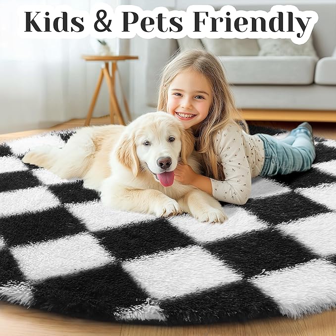 KICMOR Round Rugs 5ft for Bedroom Living Room, Black and White Fluffy Soft Circle Area Rug Fuzzy Shag Shaggy Plush Carpet, Indoor Checkered Circular Rug for Kids Room Nursery Home Decor Aesthetic