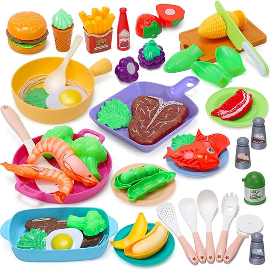 CUTE STONE Kids Play Kitchen Toy Accessories, Toddler Pretend Cooking Playset with Toys Cookware and Utensils, Toys Food for Cutting Play, Kids Cooking Set Education Learning Gift for Boys Girls
