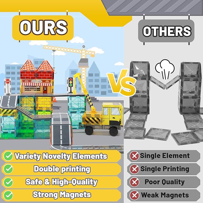 70Pcs Magnetic Tiles Magnetic Building Blocks, Building Toys for Kids Ages 3-5 4-8 8-12 Toddlers STEM Preschool Toy Boys Toys, City Construction Toys Set with 2 Cranes Train Tracks Road Car