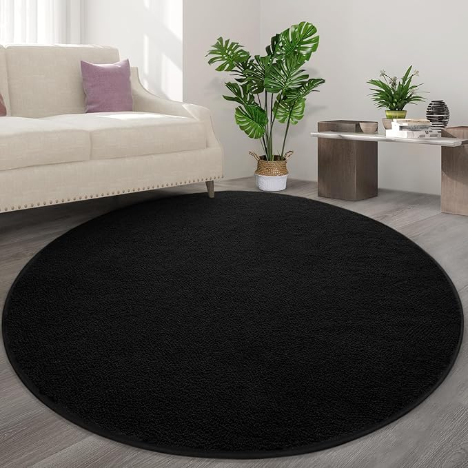FlyDOIT Round Area Rugs for Bedroom Living Room, 5x5 Black Super Soft Comfy Thickened Memory-Foam Indoor Circle Carpet, Modern Aesthetic Minimalist Carpet for Boys Girls Adults Nursery Home Décor