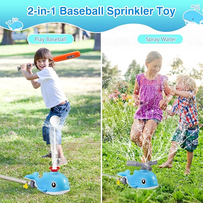 MoKo Water Sprinkler Baseball Toy for Kids Outdoor Play, 2 in 1 Baseball Water Games, 360° Rotatable Yard Sprayer Sprinkler, Toddler Outdoor Toys for Backyard Garden Lawn Pool, Sky Blue Whale