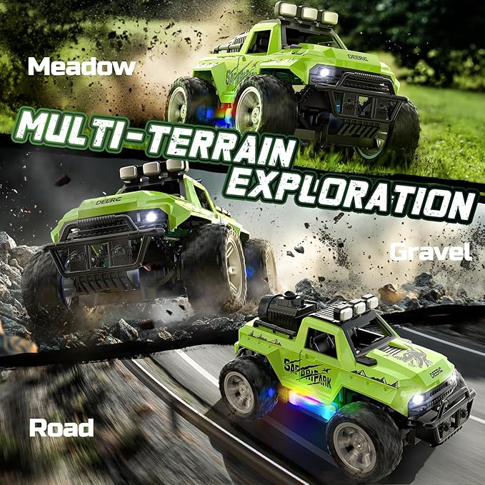 DEERC Remote Control Car with Fog Mist & LED Colorful Lights, 1:18 Scale RC Truck with 2 Batteries, 2.4Ghz Monster Truck for Boys, All Terrain Off-Road Race car, Educational Toy & Gift for Boys Girls