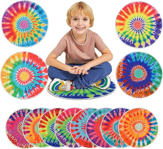 HiiARug Rainbow Carpet Circles for Classroom Sitting 12pcs Rainbow Crazy Carpet Circle Seats Colorful Children's Area Rug for Kids Playroom Daycare Preshool Room Decor 18"x18"
