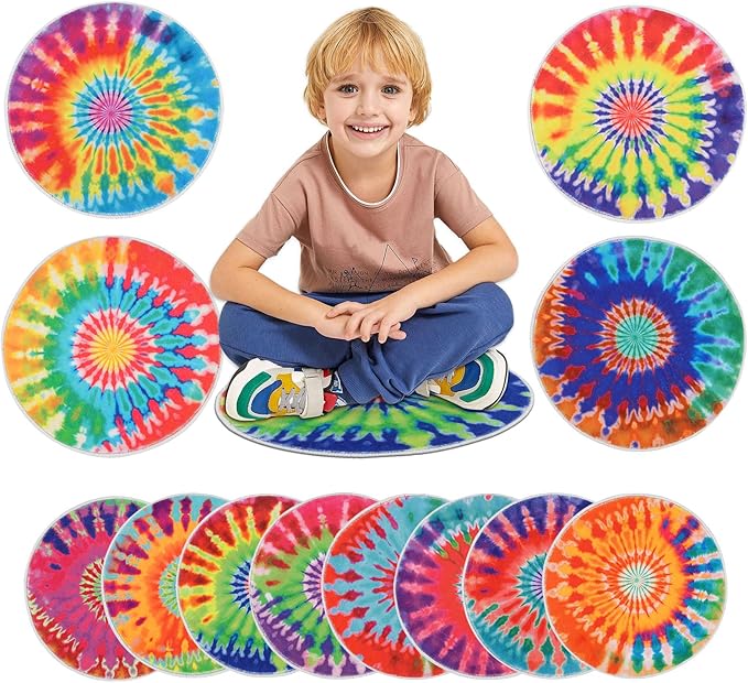 HiiARug Rainbow Carpet Circles for Classroom Sitting 12pcs Rainbow Crazy Carpet Circle Seats Colorful Children's Area Rug for Kids Playroom Daycare Preshool Room Decor 18"x18"