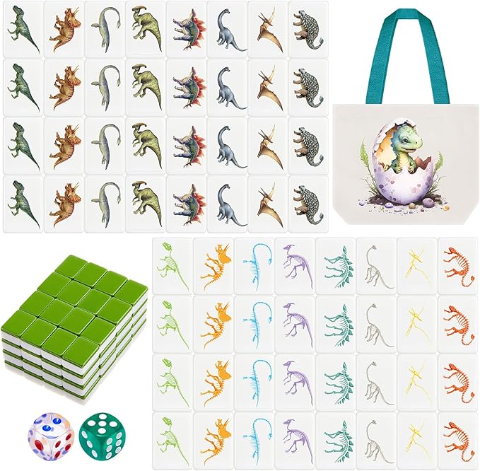 65 Tiles 30 mm Dinosaur Mahjong Game Blocks Set Push Tiles Blocks with Dinosaur Skeleton Pattern and Bag No DIY Required for Family Game Gift
