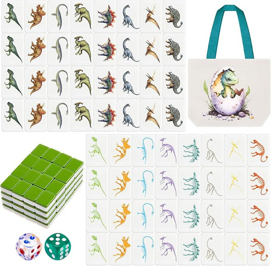 65 Tiles 30 mm Dinosaur Mahjong Game Blocks Set Push Tiles Blocks with Dinosaur Skeleton Pattern and Bag No DIY Required for Family Game Gift