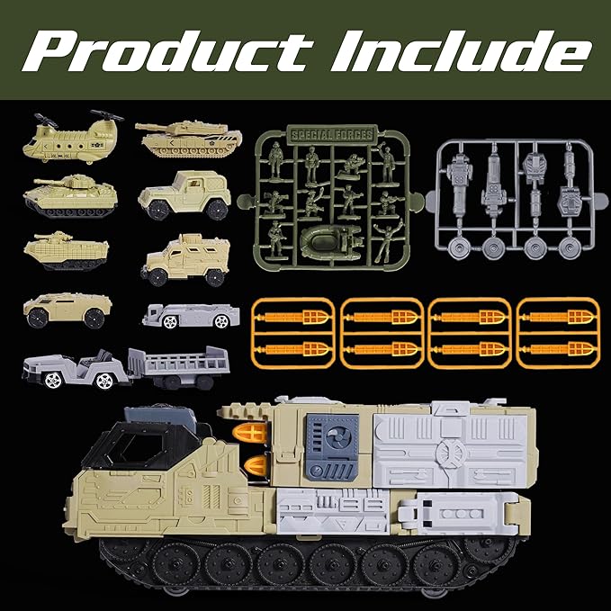 Military Tank Toy Sets with Launchable Missiles, Army Toys with 9 Vehicles, Helicopter Trucks Army Men Action Figures, Birthday Gift for Boys Age 4-7
