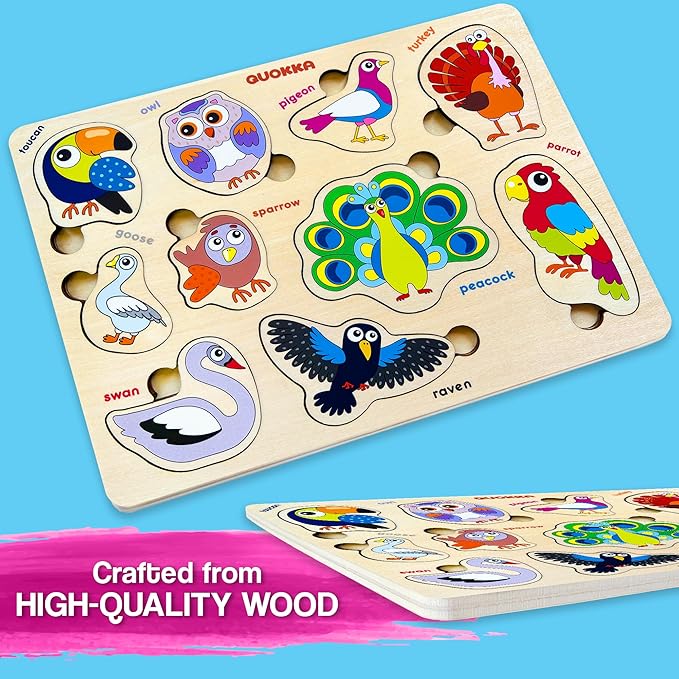 QUOKKA Wooden Puzzles for Toddlers Ages 1-3-5 – Animal Peg Puzzles for Kids 2-4 Years Old – Set of 3 Wood Learning Travel Toys for Children – Gift Educational Game for Boys and Girls