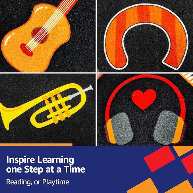 Durable Music Rug 3'3"x5' Guitar Area Rug for Studio Soft Black Music Carpet for Kids Room Washable Colorful Musical Floor Mat for Bedroom, Playroom, Nursery, Elementary