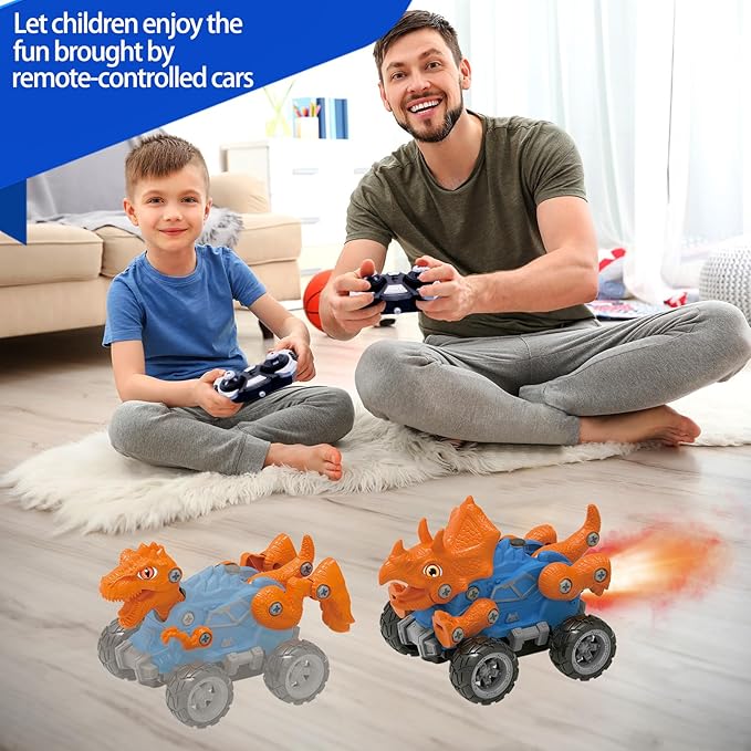 Remote Control Dinosaur Car, Monster Truck 2 Shapes Dino Replacement with Spray Mist Lights, Build a STEM Remote Control Monster Truck Car Building Toy Gifts
