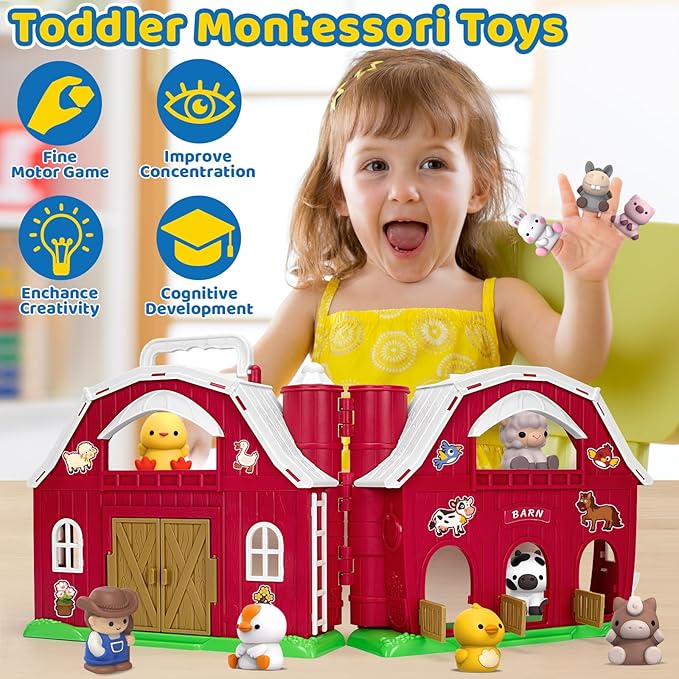 KMUYSL Toys for 1 2 3 Years Old Boys Girls, Big Red Barn Farm Animal Playset for Boys Girls, Learning Montessori Toys, Christmas Birthday Easter Gift for Baby Kids Toddlers Age 12-18 Months