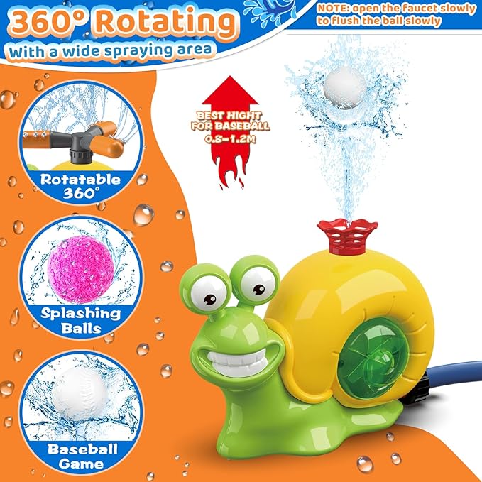 3-in-1 Water Sprinkler Baseball Toy, 360° Rotating Water Baseball Tee & T Ball Sprinkler with Water Balls, Summer Outdoor Water Toys for Kids Backyard Games Lawn Pool, Snail, Ages 3+