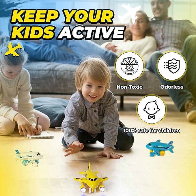KIDSTHRILL Kids Airplane Toy for Boys & Girls. Set of Three Toy Airplanes with Flashing Lights, Music & Airplane Sound, Push and Go Toy Plane Gift Toys for Toddler Boys 2 3 4 5 6 7 Years Old & up