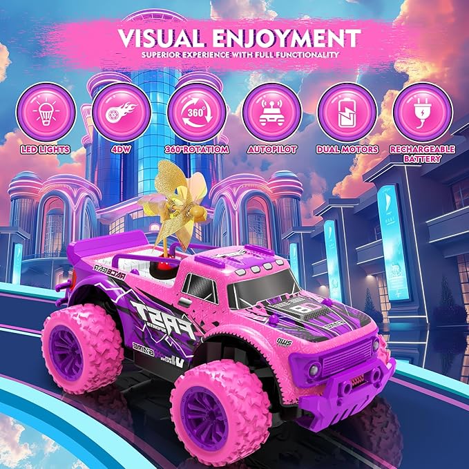 Remote Control Car for Girls: 20Km/h All Terrain Fast RC Cars with Light and DIY Windmills - 2.4GHz Pink Purple Monster Truck Car Toys for 6 7 8 9 10 11 12 Girls Birthday Gift