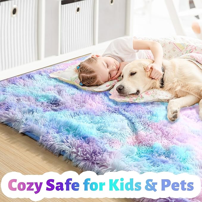 Amdrebio Blue Purple Rainbow Mermaid Rugs for Bedroom Girls Room Decor Aesthetic, 5x8 Fluffy Kawaii Area Rugs for Kids Room Nursery Dorm, Stitch Frozen Fuzzy Carpet, Cute Plush Furry Baby Toddler Rug