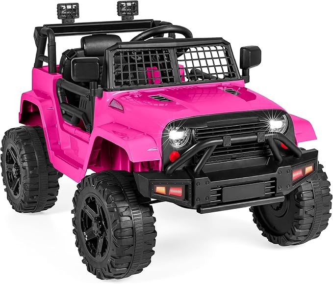 Best Choice Products 12V Kids Ride On Truck Car w/Parent Remote Control, Spring Suspension, LED Lights, AUX Port - Hot Pink