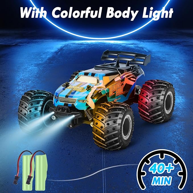 Remote Control Car, Remote Control Truck, 2.4Ghz All Terrain Off-Road Monster Truck, 20 KM/H Rc Cars with LED Bodylight and 2 Rechargeable Batteries Toys for Boys