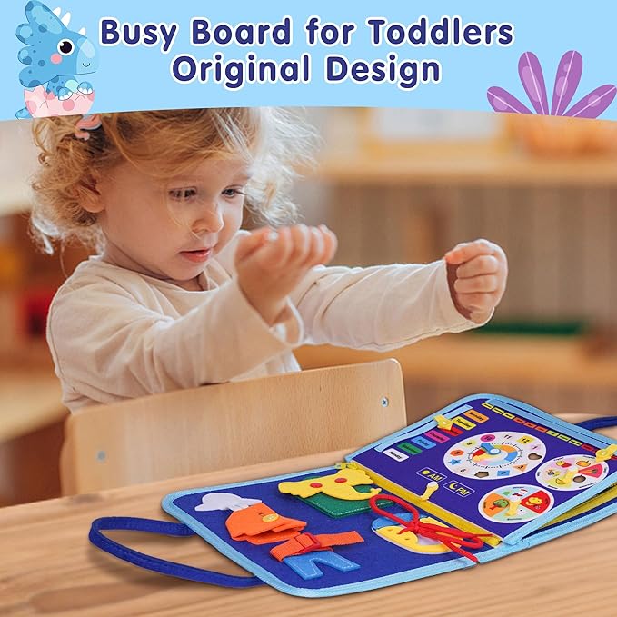 iooo Toddler Busy Board Montessori Toys for 1 2 3 4 Year Old, Sensory Board with Buckles Educational Activities for Learning Fine Motor Skills, Gifts Toy for Girls Boys for Airplane Car (Blue-3)