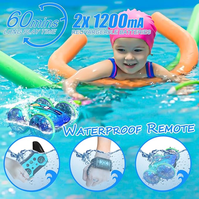 Amphibious Remote Control Car, 4WD Waterproof RC Stunt Car Toys with LED Lights, 360°Rotation RC Boat Water Beach Pool Toys for Boys, Christmas Birthday Gifts Toys for Kid Ages 4-7 8-12 Year Old