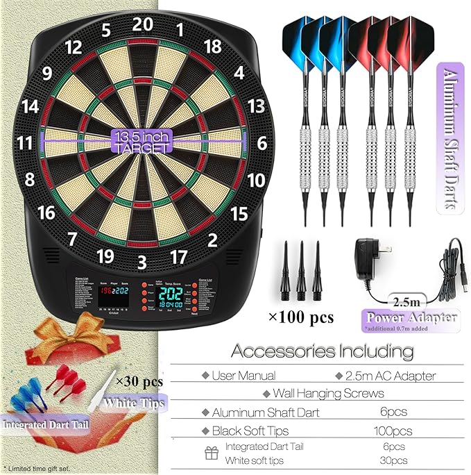 Electronic Dartboard Set with Colorful LED Displays, Soft Tip Cricket Dart Board AC & Batteries - Including 6 Darts, 130 Tips,6 Integrated Dart Tail, 2.5m Extended Power Adapter