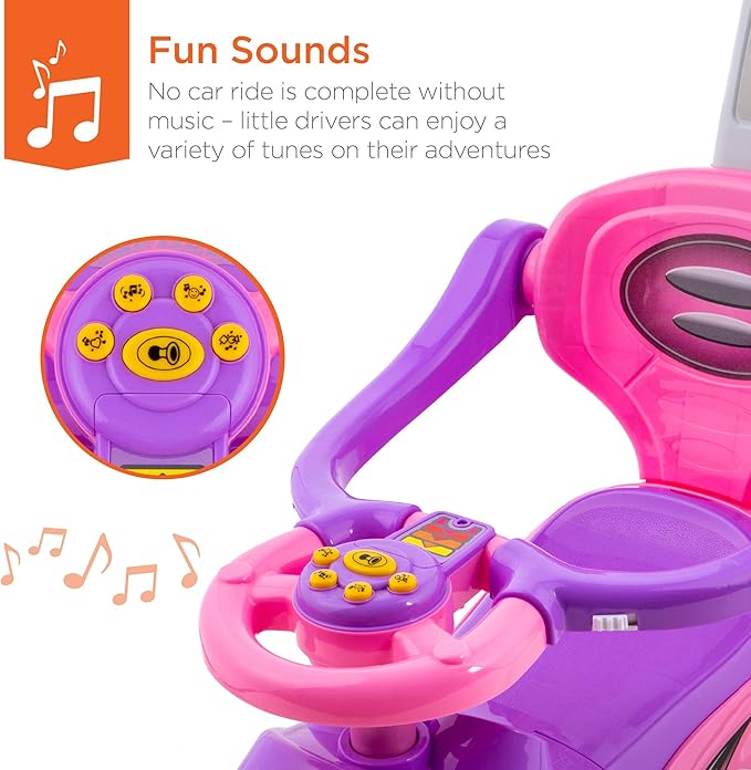 Best Choice Products Kids 3-in-1 Push and Pedal Car Toddler Ride On w/Handle, Horn, Music - Pink
