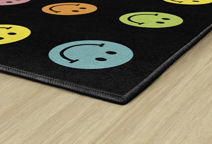 Flagship Carpets Schoolgirl Style Rainbow Smileys in Black Criss-Cross Applesauce Educational Area Rug for Kids Room, Children's Classroom for Teaching and Playroom, 5' x 7'6", Black & Multi, Seats 20