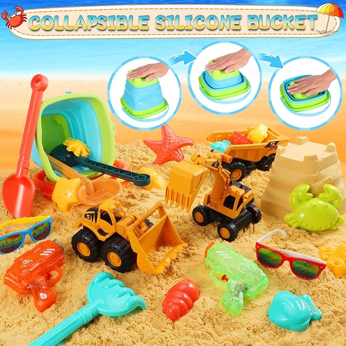 Beach Toys for Kids, Sand Toys with 2 Collapsible Beach Bucket,3 Dump Truck,2 Sunglasses,Ocean Molds,Sandbox Shovel,2 Mesh Bag Sand Castle Building Kit Travel Beach Essentials for Toddler 3-10