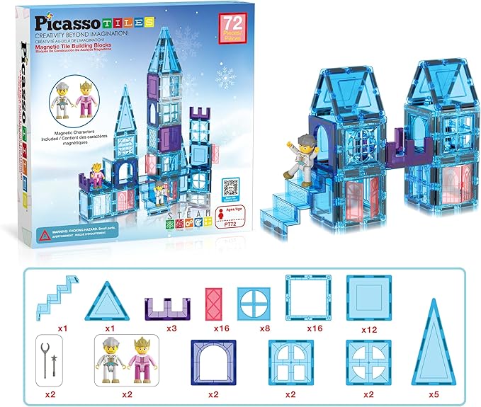 PicasssoTiles 72 Piece Magnetic Building Tiles Castle Winter Ice Theme Construction Magnet Block Set with Princess Prince Character Stairs Windows Doors STEM Learning Educational Toy Kids Ages 3+ PT72