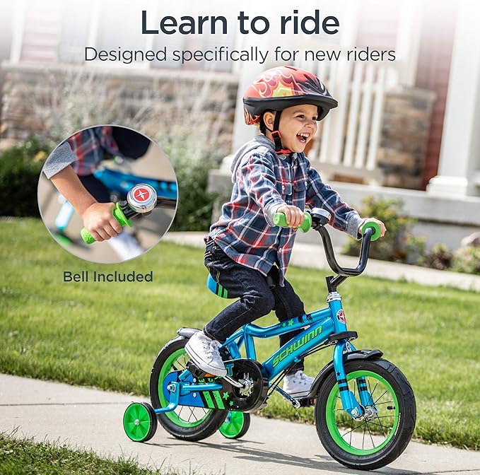 Schwinn Grit and Petunia Push Steer and Ride Kids Bike, For Boys & Girls Ages 2-4 Year Old, Rider Height 28-38 Inch,12-Inch Wheels, Training Wheels, Detachable Push Handle with Water Bottle & Holder