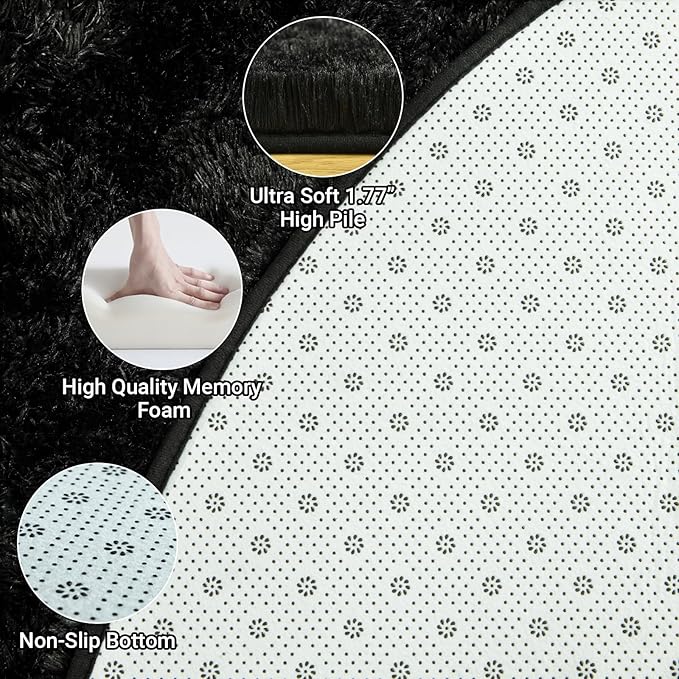 LOCHAS Luxury Round Fluffy Area Rugs for Bedroom Kids Girls Room Nursery, Super Soft Circle Rug, Cute Shaggy Carpet for Children Living Room, 5x5 Feet Black