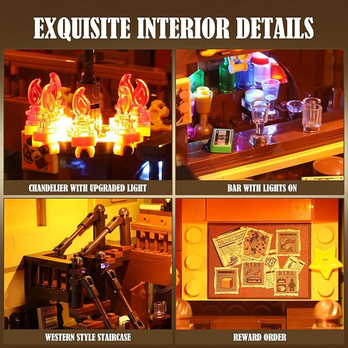 FUNWHOLE Western-Saloon Lighting Building-Bricks Set - The Old West Saloon LED Light Construction Building Model Set 2026 Pcs for Adults and Teen