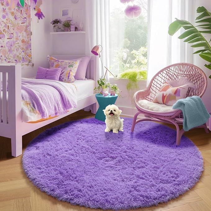 Amdrebio Purple Round Rugs 5Ft for Girls Bedroom Decor Aesthetic, Fluffy Fuzzy Circle Area Rug for Kids Playroom, Cute Furry Shaggy Circular Princess Carpet for Living Room, Baby Nursery, Preppy Dorm