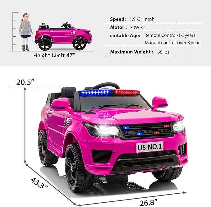 Police Cars for Kids Electric Car TOBBI 12V Childrens Powered Ride Ons for Toddlers Cop Cars with Parental Remote Control, Siren, Flashing Lights, Music, Rose Red