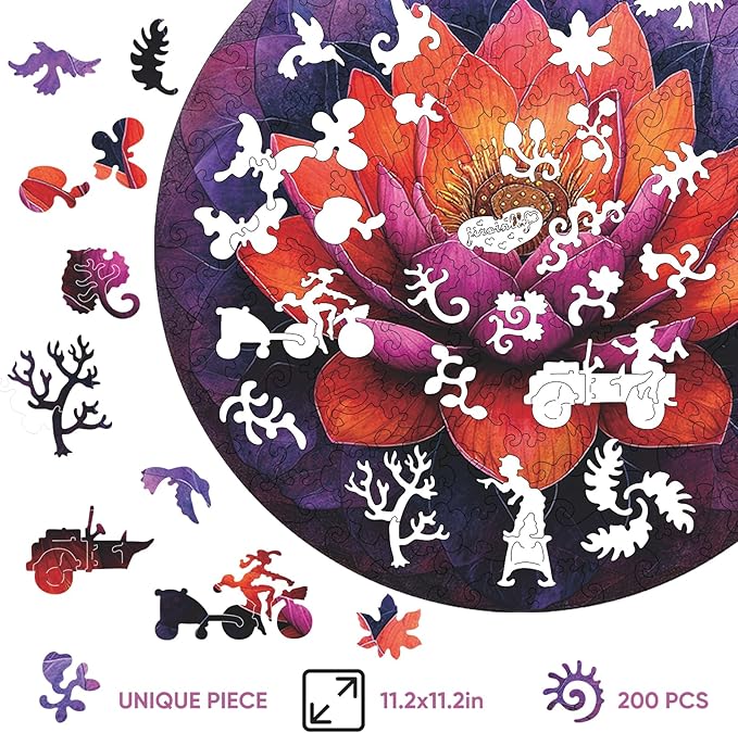 Flower Wooden Puzzle for Adults, Mandala Jigsaw Puzzles 200 Piece, Unique Shapes Family Reunion Puzzle for Adults and Kids, Beautiful Package, Best Gift for Family Friends Medium 11.2x11.2in