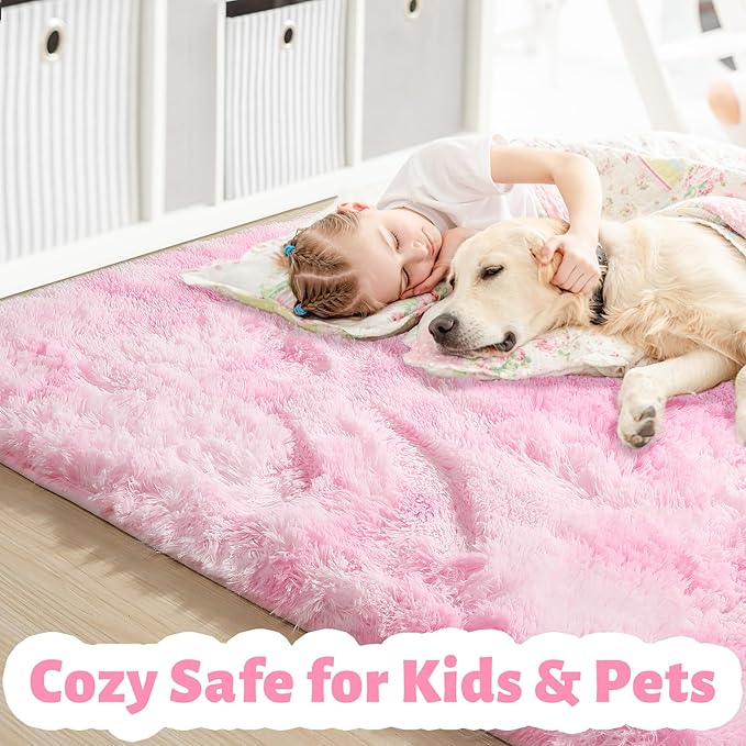 Amdrebio Tie-Dyed Pink and White Area Rugs for Girls Bedroom, Plush Kawaii Fuzzy Throw Princess Rug for Kids Room Playroom, Soft Fluffy Furry Shaggy Carpet for Nursery, 4x6, Cute Room Decor for Baby