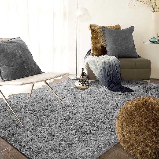 Ompaa Fluffy Grey Hallway Runner Rugs for Bedroom Bed Side Non-Slip, 2x6 Feet Long Carpet Rug Runner for Entrance Living Room Dorm, Plush Kids Playroom Baby Girls Nursery Decor Mats