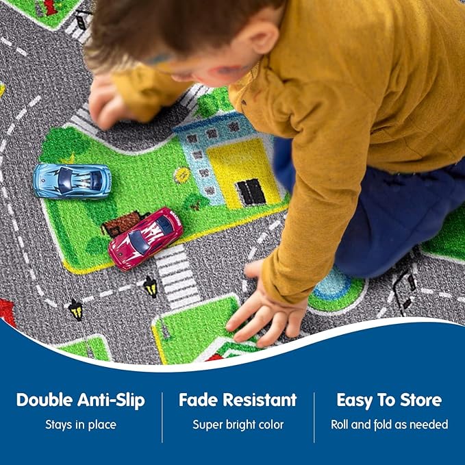 Booooom Jackson Car Rugs for Kids Toy Cars 31X59 Inch,Colorful Fun City Pretend Play - Toddler Car Track Rugfor Bedroom Playroom Non-Slip Backing