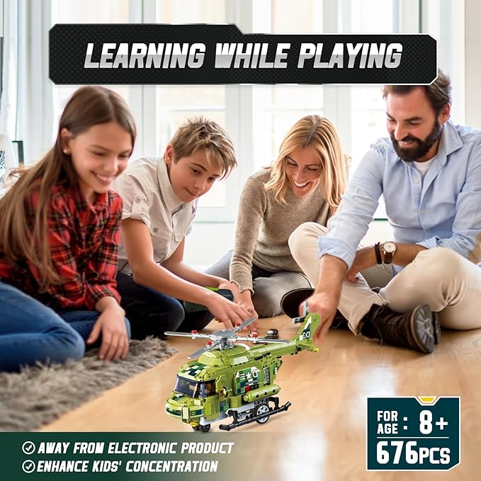 Wise Blocks 676 Pcs Building Blocks Remote Control Car, Building Toys for Boys Age 8-12, STEM Toys Construction Sets, RC Cars Boy Toys Birthday Gifts for Kids Age 8+, RC Military Helicopter