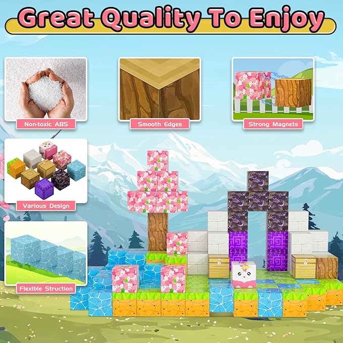 Magnetic Blocks - 120PCS Toy Build Set, Magnetic Building Blocks STEM Sensory Toys, Creative Kids Gift for 3+ Year Old Boys Girls (Cherry Blossom)