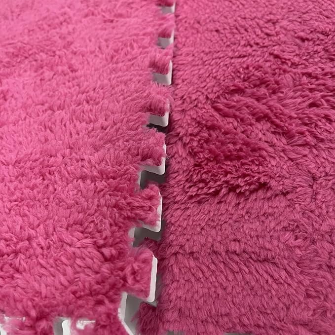 Interlocking Carpet Shaggy Soft EVA Foam Mats Fluffy Area Rugs Protective Floor Tiles Exercise Play Mat for Children Kids Room Home Parlor Bedroom (12 Pcs, Rose)