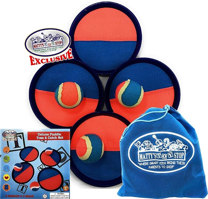 Matty's Toy Stop Deluxe Toss & Catch (Hook & Loop) Tropical Colors Paddle Game Set with 4 Paddles, 3 Balls & Storage Bag - Classic Outdoor Game, Perfect for The Beach, Backyard or in The House!