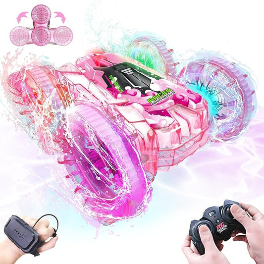 Amphibious Remote Control Car, 4WD Waterproof RC Cars Remote Control Boat Pool Toys for Girls 8-10, Gesture Sensing RC Stunt Car Lake Water Toy for Kids Ages 3 4 5 6 7 8-12 Birthday Gifts, Pink