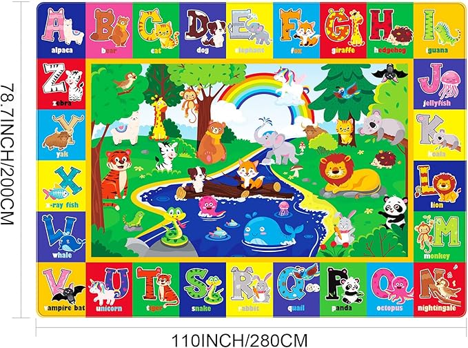 Kids Play Rug, Animals Print ABC Educational Mat for Floor, Playroom, Non-Toxic Soft Baby Crawling and Tummy Time Nursery Rug (Green, 110.2X78.7 INCH)